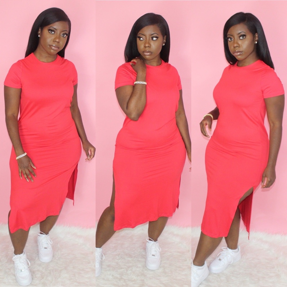 Red Slit Midi Dress